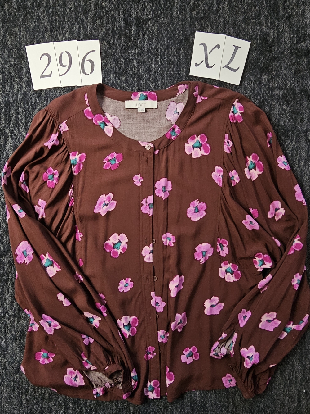 LOFT Brown Blouse with Pink Floral Print